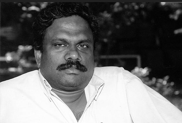 Black and white photo of Taraki Sivaram. Dharmaretnam Sivaram was known for his column on politics in northern Sri Lanka. He 