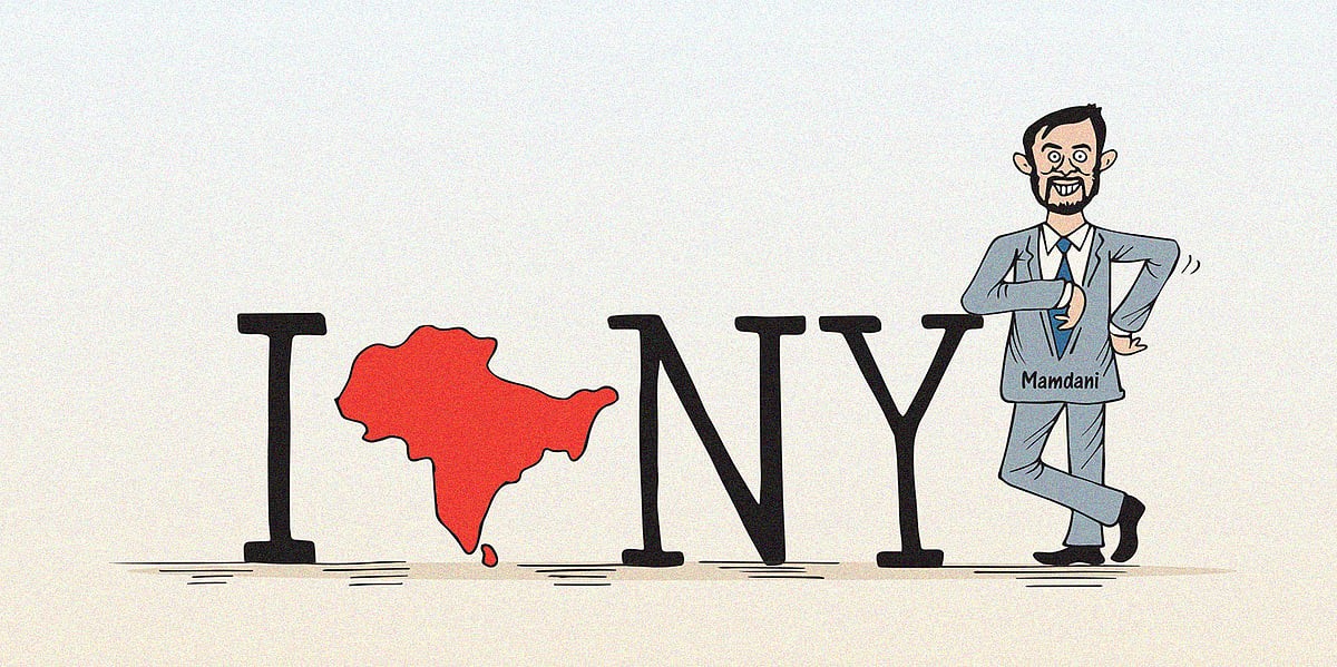 Cartoon of Zohran Mamdani leaning on an I heart New York sign, with the heart replaced by an outline of Southasia as he may b