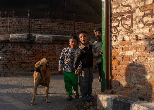 Photo of three smiling children peeping around a brick wall. There is a dog standing next to them. Some writing can be seen on the facing brick wall.