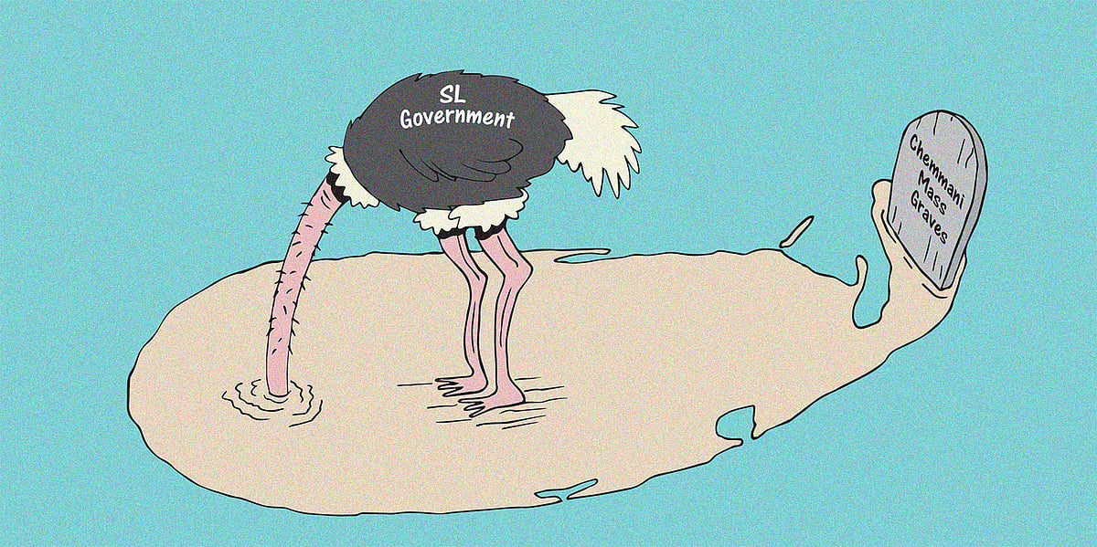 Cartoon of Sri Lankan government depicted as an ostrich burying its head in the sand of Sri Lanka to ignore a gravestone in t