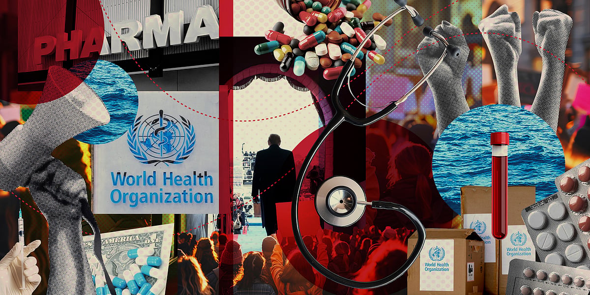 Collage showing WHO logo, pharma, pills and tablets, a doctor's stethoscope and protesters, for a story on how Trump's aid cu