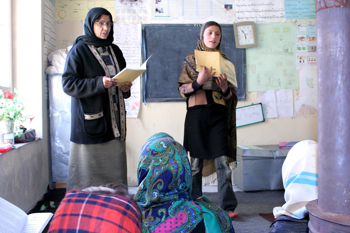 Afghan women participate in an accelerated learning class before the Taliban takeover in 2021