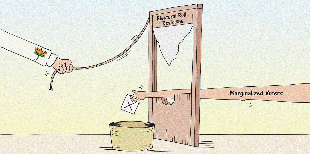 Cartoon showing BJP minister holding a guillotine cutting off the hands of marginalised voters thanks to Bihar's electoral roll revisions ahead of state assembyl elections