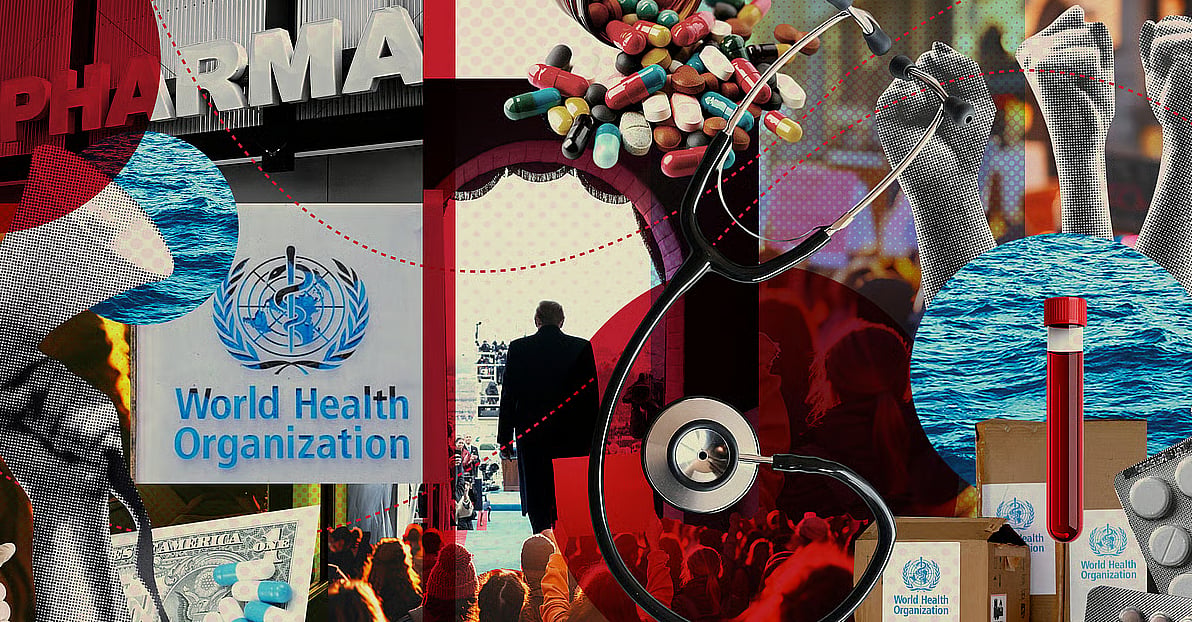 Collage showing aspects of India pharmaceuticals for a story on how global health has been impacted by US aid cuts, but can learn from the past including the HIV/AIDS crisis