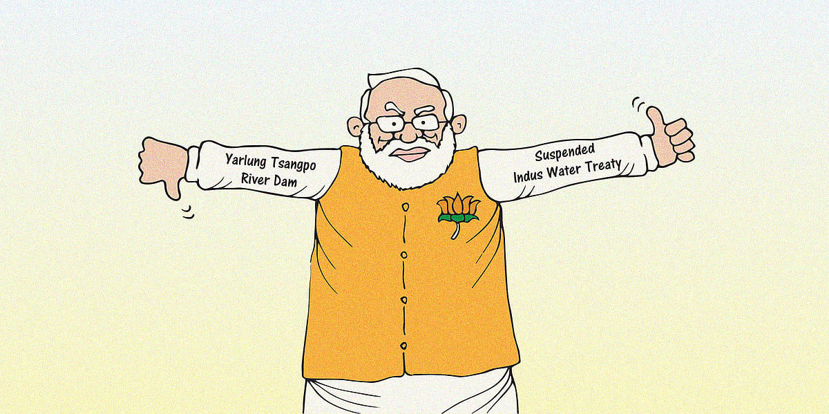Cartoon of Narendra Modi giving a thumbs up to suspended Indus Water Treaty and thumbs down to China's Yarlung Tsangpo river 