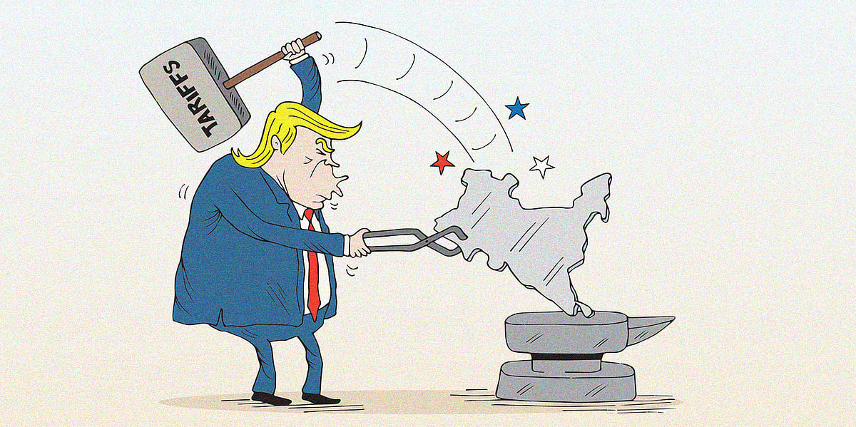 Cartoon showing Donald Trump with an anvil hammering Southasia with tariffs - ahead of the imposition of the Trump tariffs