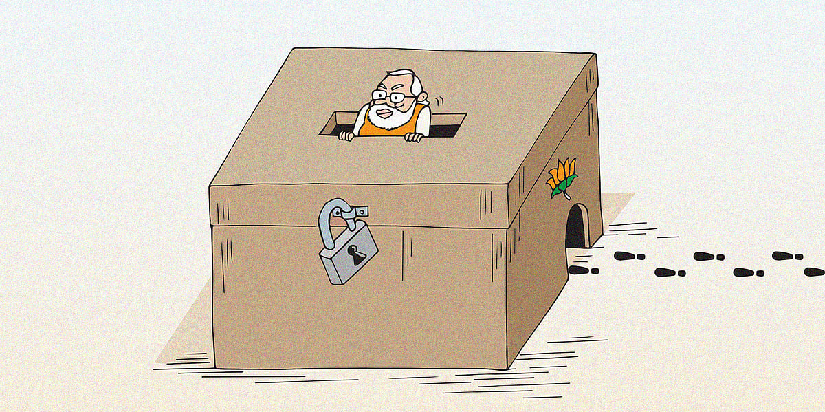 Cartoon of Narendra Modi peeking out the top of a ballot box, with footprints going in through the side, about BJP attempting