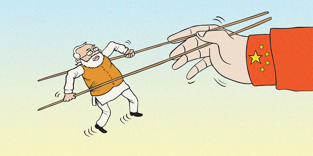 Cartoon of Modi held aloft by chopsticks, by an arm with a Chinese flag on the sleeve, showing China has power in India-China