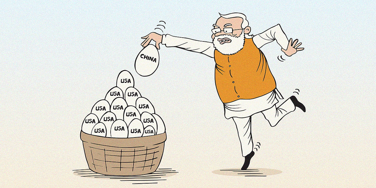 Narendra Modi putting an egg marked China into the basket of eggs marked USA, after the 50 percent Trump tariff on India exports