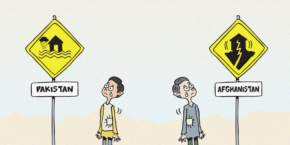 Cartoon showing two people reacting to news of an earthquake in Afghanistan and floods in Pakistan