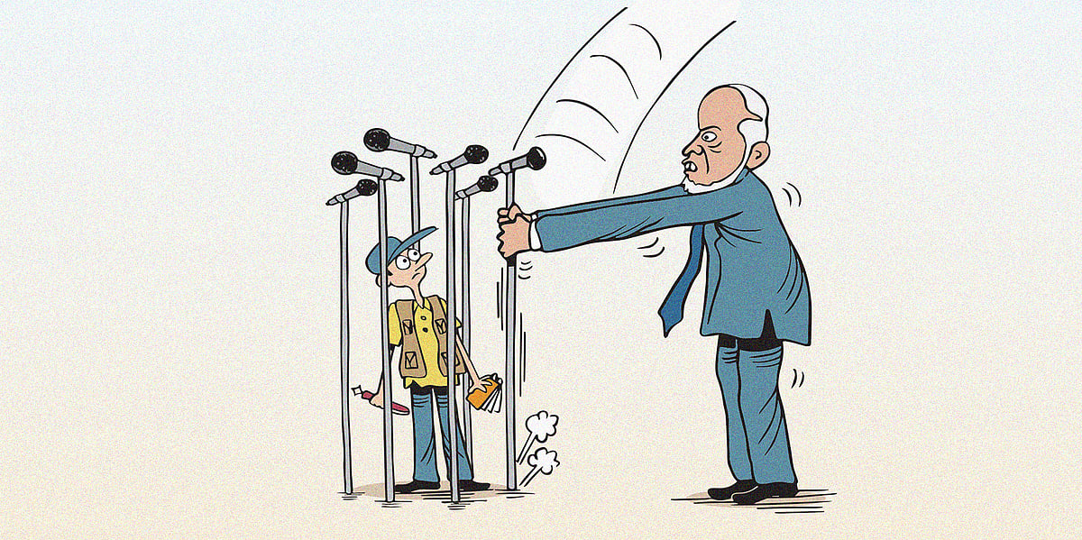 Cartoon of Maldives President Mohamed Muizzu holding the microphone up and away from journalists - illustrating a new repressive media bill that will set up a president appointed commission to oversee media in the Maldives. 