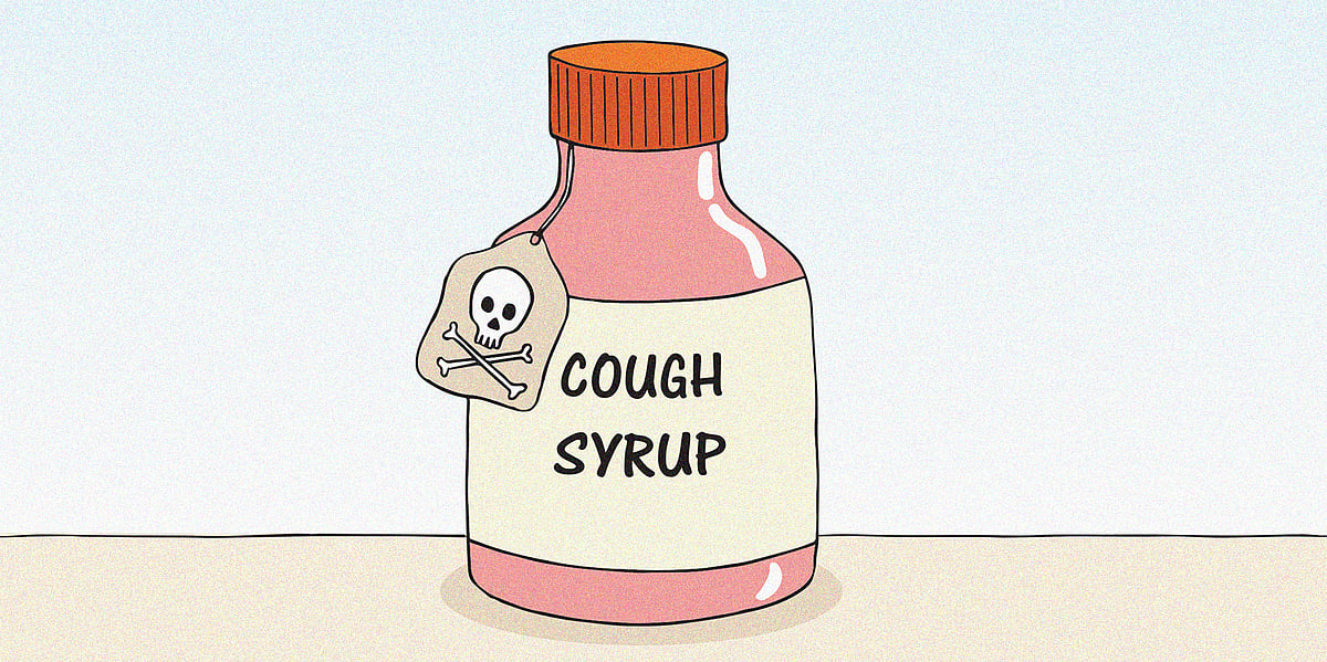 Cartoon showing a bottle of cough syrup with a poison label after spate of cough syrup poisonings in Rajasthan and Madhya Pradesh in India