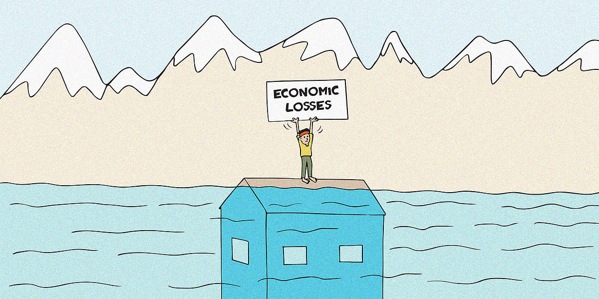 Cartoon of a man standing on top of a house surrounded with floodwater. He holds a sign saying economic losses. This is about how flooding in Nepal added more losses apart from losses after the Gen Z led protests in 2025. 