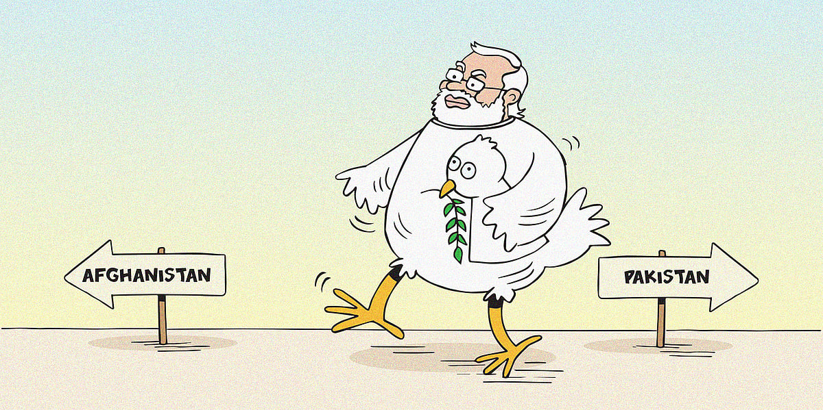 Cartoon of Modi dressed as a dove walking towards Afghanistan, with Pakistan visible in the other direction, for a depiction of India's friendly overtures towards the Taliban regime to offset Pakistan influence