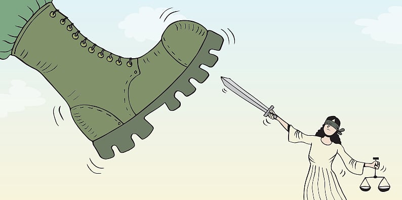 Cartoon of a large army boot stamping on a small blindfolded Lady Justice who is brandishing a sword at the boot - in reference to Bangladesh's International Crimes Tribunal issuing an arrest warrant for 15 army officials for their involvement in murder and disappearances during Sheikh Hasina's Awami League regime