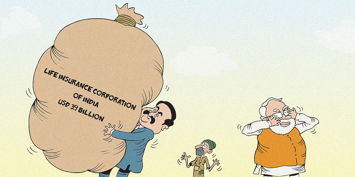 Cartoon showing Gautam Adani, left, carrying a large sack titled 'Life Insurance Corporation of India', while Narendra Modi, right, covers his eyes, and a poor Indian citizen watches on. Indian government officials channeled USD 3.9 billion to Adani Group from LIC while they were struggling with debt after the US charged Gautam Adani for bribery and fraud.
