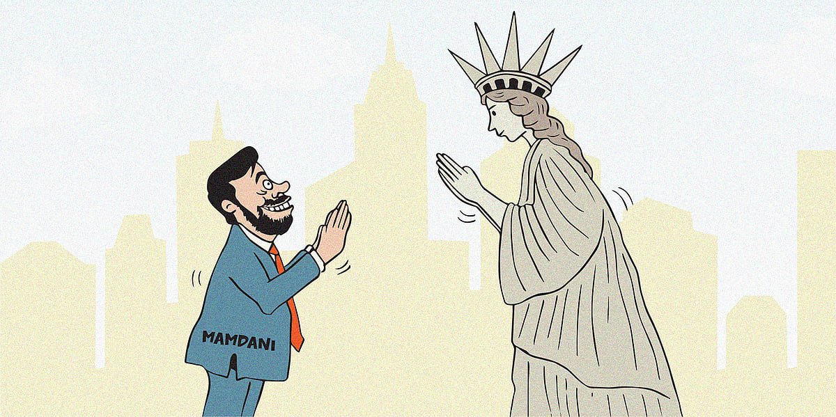 Cartoon of the Statue of Liberty offering New York mayor Zohran Mamdani namaste after he was elected mayor of New York City