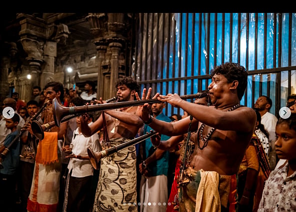 Photo of musicians at the Sooran Poar festival at Sivan kovil using traditional trumpets ekkalam