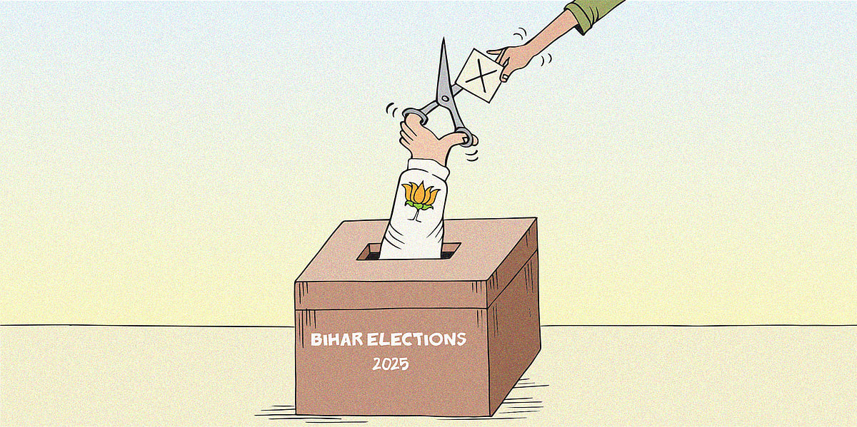 Cartoon of a hand coming out of a ballot box holding scissors. The hand has the orange BJP lotus on the sleeve, and is cutting a vote being cast. This is about the Bihar assembly elections and voter revisions which opposition allege is an attempt to manipulate the election in favour of the BJP. 