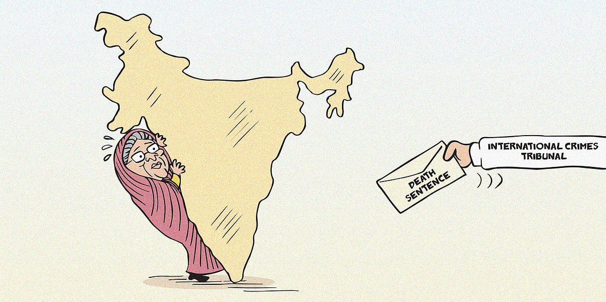 Cartoon of Sheikh Hasina hiding behind a map of India while a hand with 'International Crimes Tribunal' hands her an envelope marked 'death sentence', for her role in violently suppressing student protests in 2024. 