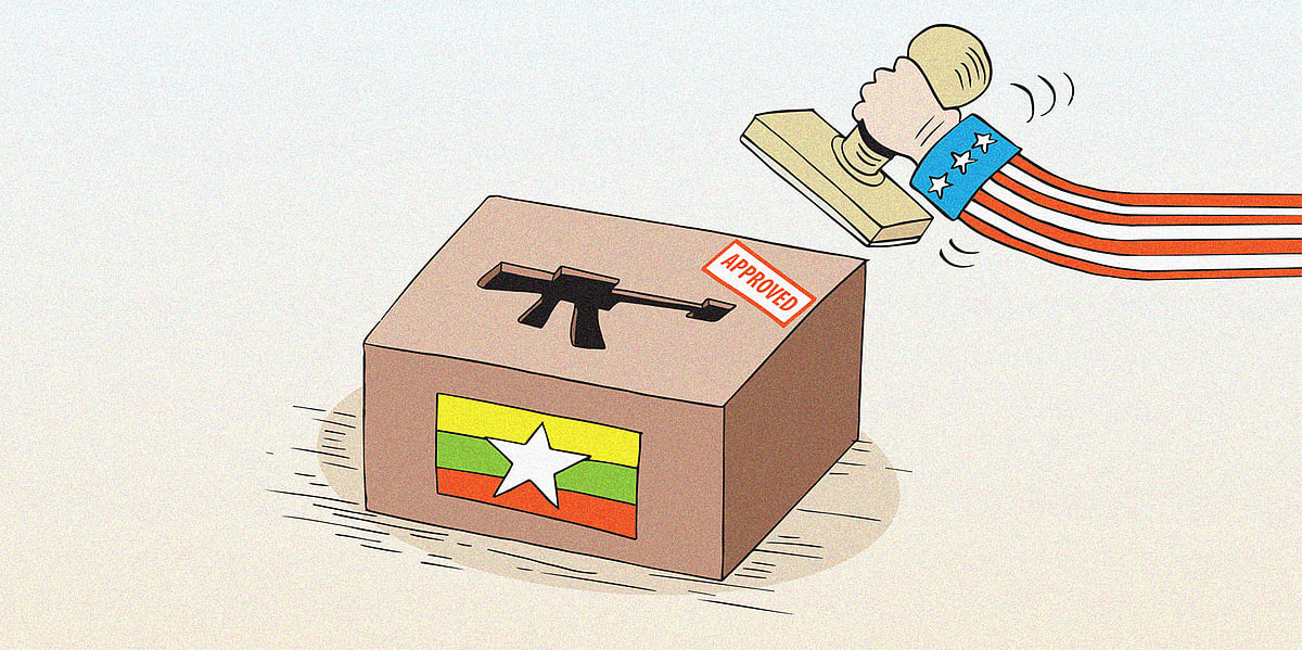Cartoon of a hand wearing the US stars and stripes stamping 'approved' on a ballot box bearing the Myanmar flag, with the outline of a gun instead of the slot where people would post their ballot. This is to accompany a story on the US suspending protections for Myanmar refugees, saying the country is now 'safe' as the military is holding elections.