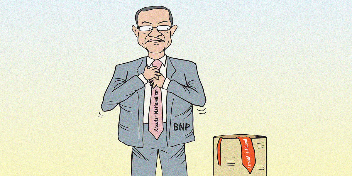 Photo of Tarique Rahman BNP acting chairman putting on a tie saying 'secular nationalism' while a bin on his side with 'Jamaat-e-Islami' can be seen.