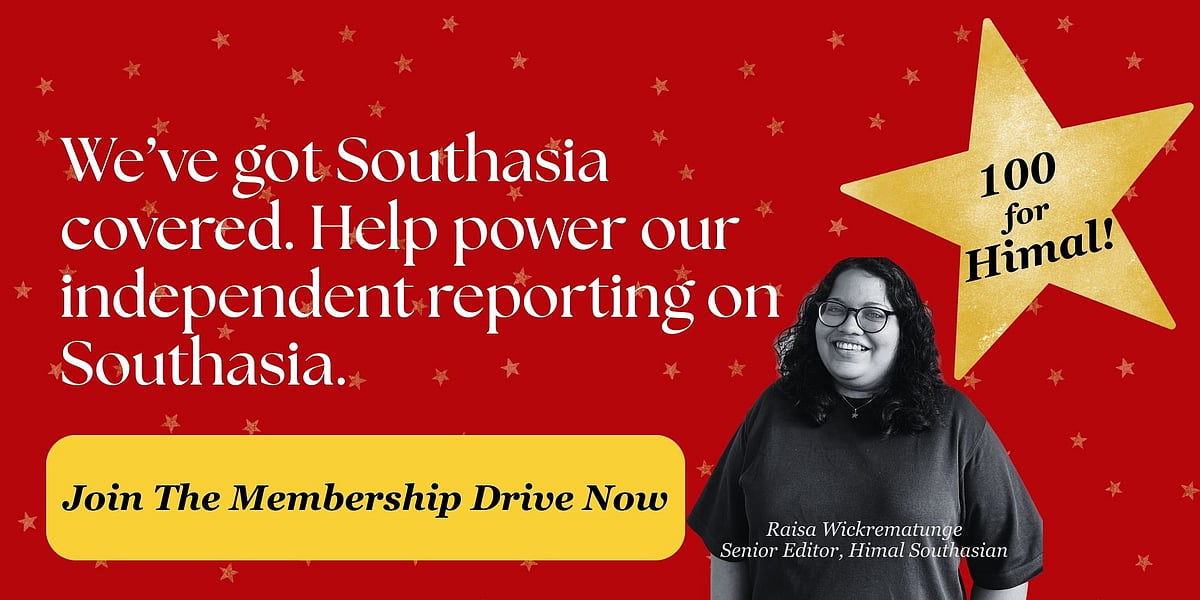 Photo of a woman on a red background. Text says 'We've got Southasia covered. Help power our independent reporting on Southas