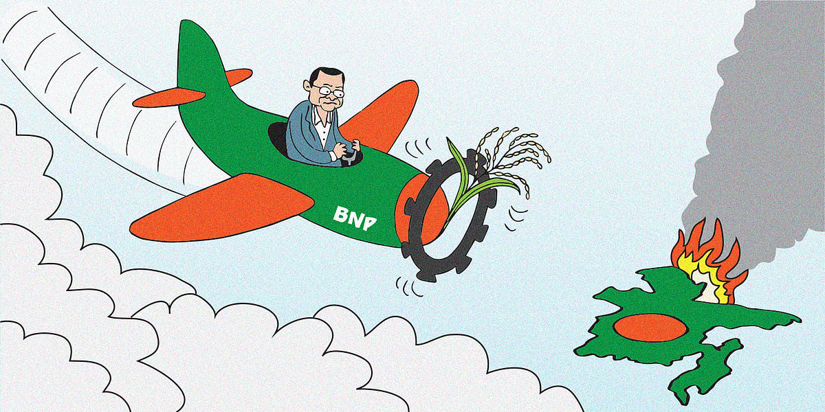 Cartoon of Tarique Rahman flying back in a plane to Bangladesh. The propeller has the logo of BNP on it. The country is seen in an outline in the bottom right and coloured in with the national colours of green with a red dot in the middle. One corner of the country is on fire.