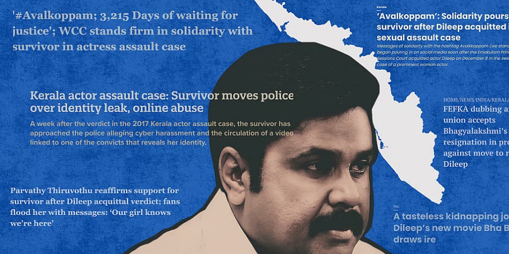 Illustration of Kerala actor Dileep on a blue background, surrounded by headlines about his acquittal from a Kerala sexual assault case involving female actor. An outline of the state can be seen in white in the backdrop.