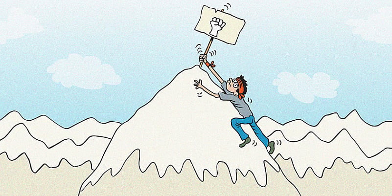 Cartoon of a Nepali student protester wearing a red headband planting a placard with a symbol of an upraised fist on Everest,