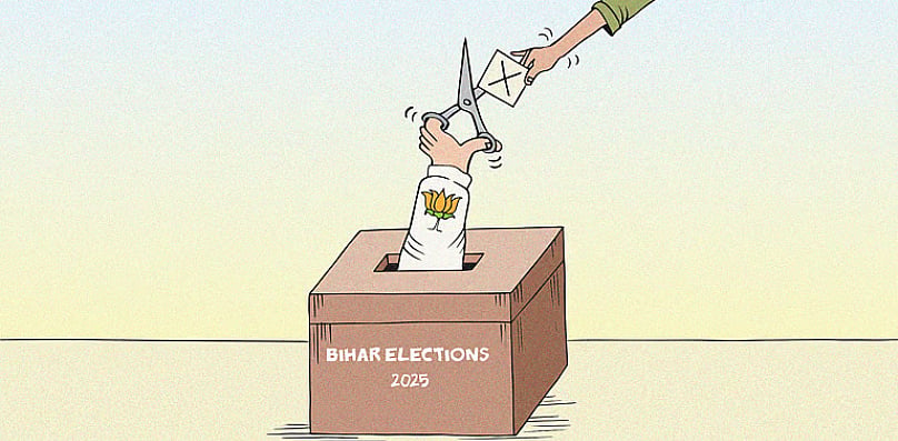 Cartoon of a hand coming out of a ballot box cutting a ballot paper being cast, in connection with Bihar electoral roll revisions in India