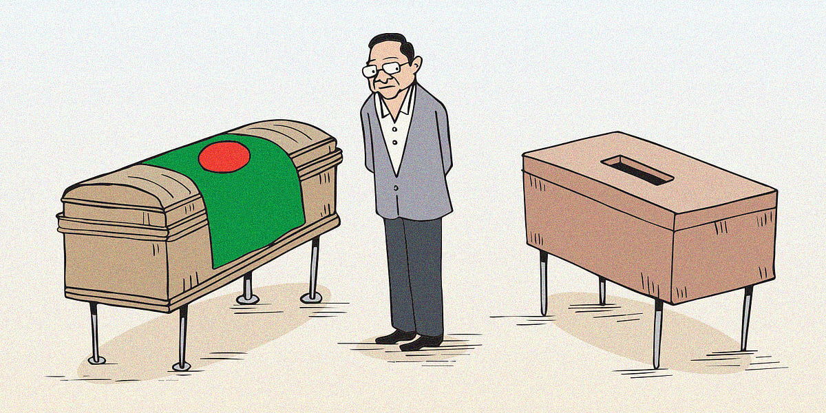 Cartoon of Bangladesh Nationalist Party Chair Tarique Rahman standing near Khaleda Zia's coffin, while a ballot box is in the background - representing Bangladesh's upcoming elections in February