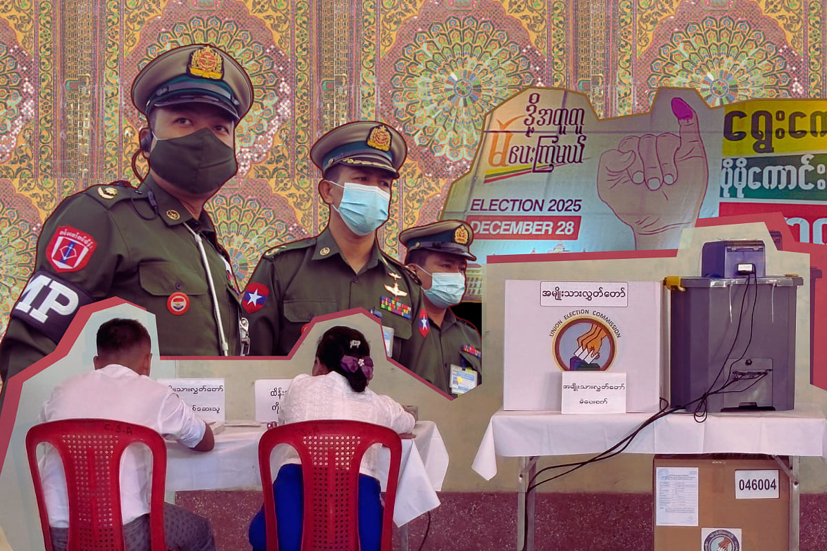 Composite image of Myanmar military junta looming over an electronic voting machine with election posters on the top right, a