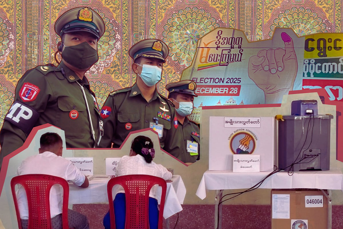 Composite image Myanmar military electronic voting machines and election posters for an article on Myanmar's 2025 elections