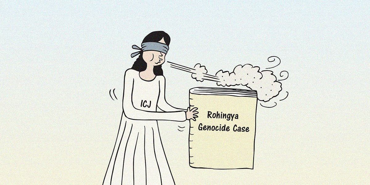 Lady justice blindfolded blowing dust off a case file marked Rohingya genocide case as hearing opens at International Court of Justice