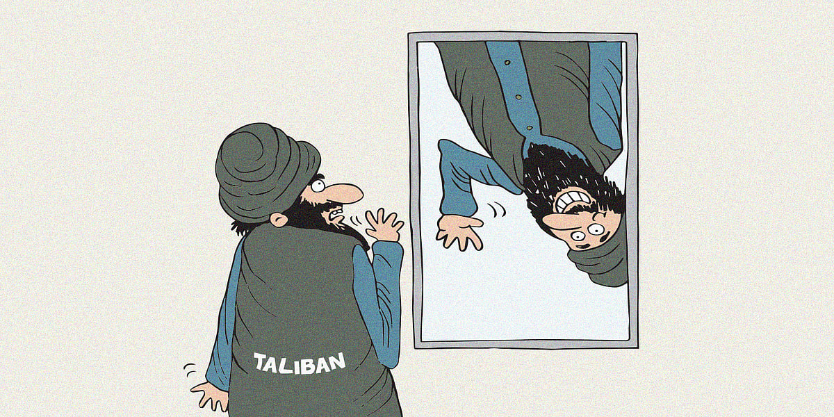 Cartoon of Taliban leader looking into a mirror to see an upside down version of himself waving back - for a cartoon showing a split within Taliban leadership