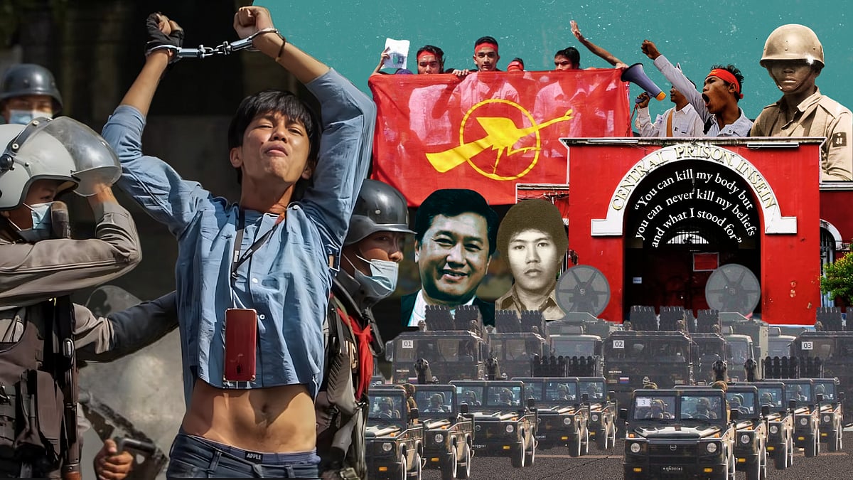 Graphic of prisoners, military, and prominent political prisoners in Myanmar and a photo of Insein prison, for a story on pol