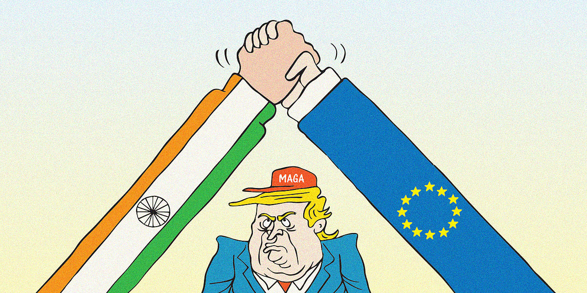 Donald Trump wearing a MAGA hat on his head looks up at two clasped hands - with the sleeves decorated in the European Union and the Indian flags, representing the EU-India trade deal