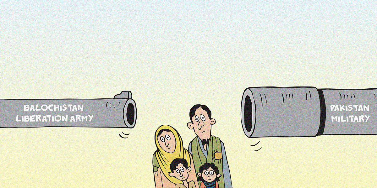 Cartoon of families in Balochistan being held hostage by two large guns representing Pakistan's military and the Balochistan Liberation Army to represent the attacks in Balochistan