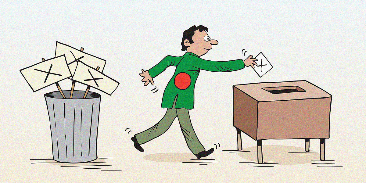 Cartoon of man wearing a Bangladesh flag tshirt casting a vote, while in the trash can behind him are protest placards