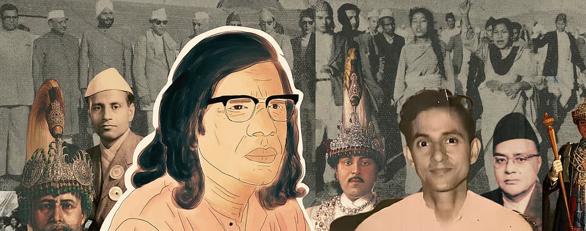From left: Mohan Shumsher Jung Bahadur Rana, Matrika Prasad Koirala, Phanishwar Nath Renu, King Tribhuvan, B P Koirala, Subarna Shamsher Rana, King Mahendra