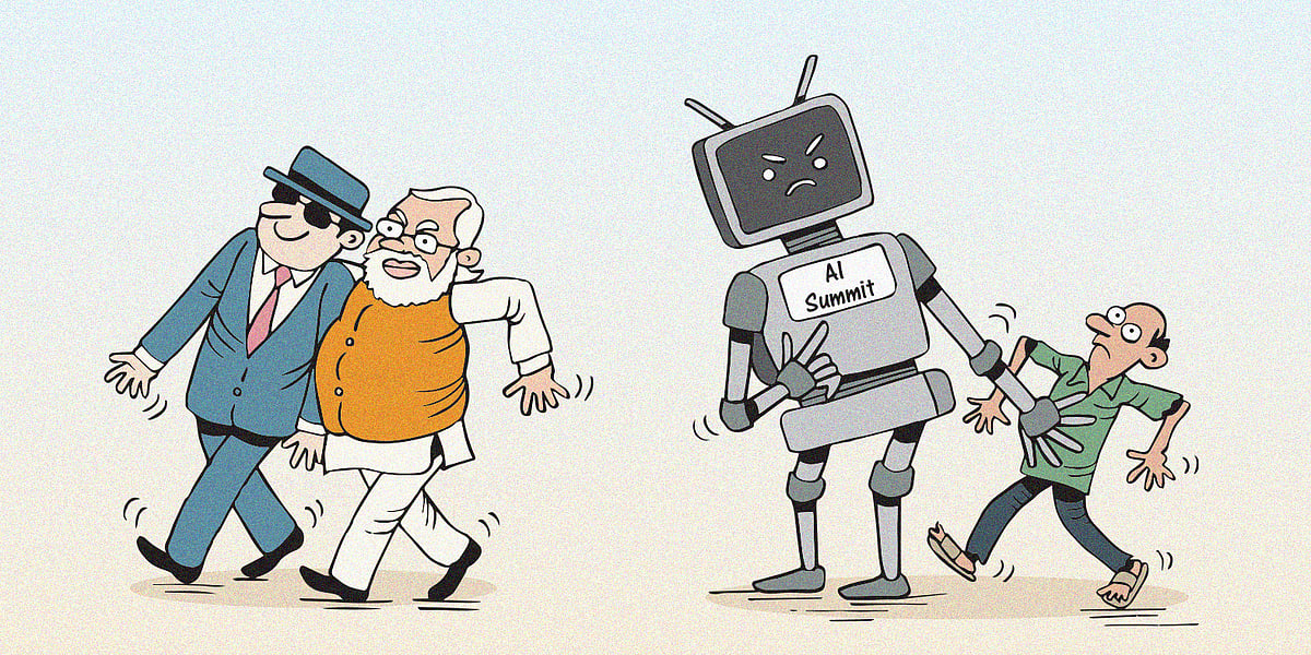 Cartoon of Narendra Modi arm in arm with a businessman in a suit while a robot labelled AI summit holds off an ordinary person from walking in - representing India's mess ups at the AI summit that they hosted 