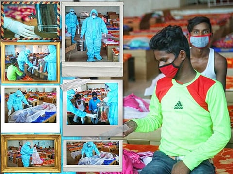 நாகர்கோவில் ஸ்காட் கல்லூரியில் உள்ள கொரோனா கேர் சென்டரில் அனுமதிக்கப்பட்டுள்ள நோயாளிகளுக்கு  மாநகராட்சி சுகாதார பணியாளர்கள் கபசுரக் குடிநீர் வழங்குதல்,  உணவு வழங்குதல், கிருமிநாசினி தெளித்தல் மற்றும் தெர்மல் ஸ்கேனர் மூலம் காய்ச்சல் பரிசோதனை, படுக்கை வசதிகள் செய்யும் காட்சிகள் - படங்கள் : ஜாக்சன் ஹெர்பி , நாகர்கோவில்