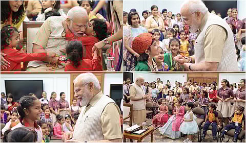 சிறுவர்களுடன் ரக்‌ஷா பந்தன் கொண்டாடிய பிரதமர் மோடி - போட்டோ ஸ்டோரி