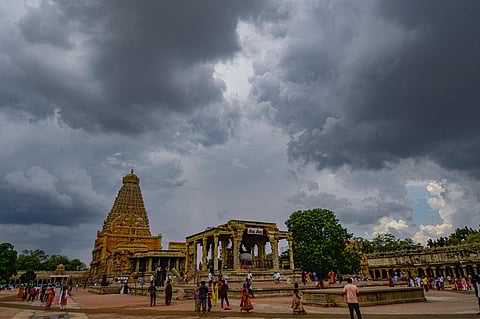 Thanjavur Big Temple surrounded by dark clouds