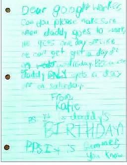 எங்கப்பாவுக்கு லீவு கொடுங்க ப்ளீஸ்!﻿: கூகுளுக்கு கடிதம் எழுதிய சிறுமி