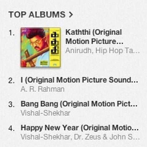 ஐ-டியூன்ஸில் ஐ-யை முந்தியது கத்தி: அனிருத்தின் 6-வது படமும் டாப்!