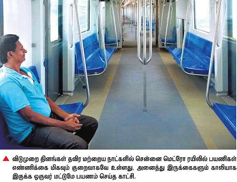 இதுவரையில் மொத்தம் 7.5 லட்சம் பேர் பயணம்﻿: விடுமுறை நாட்களில் மட்டுமே மெட்ரோ ரயில்களில் கூட்டம்﻿ - பயணிகளின் எண்ணிக்கை படிப்படியாக குறைகிறது﻿