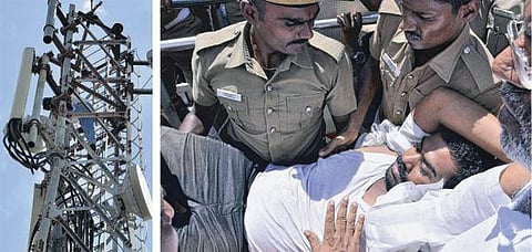 ஈவிகேஎஸ் இளங்கோவனை கைது செய்யக் கோரி செல்போன் கோபுரத்தில் 2 அதிமுகவினர் போராட்டம்