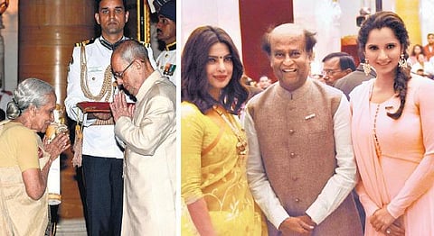 முக்கிய துறைகளில் சாதனை படைத்த டாக்டர் சாந்தா, நடிகர் ரஜினிகாந்த் சானியா மிர்சாவுக்கு பத்ம விருது﻿: குடியரசுத் தலைவர் பிரணாப் முகர்ஜி வழங்கினார்